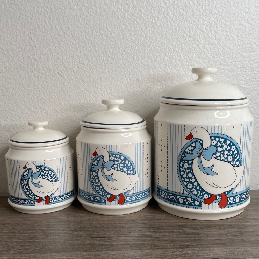 VTG 90s B&D Ceramic Blue Bow Goose Sugar Spice Cookie Jar Set Of 3 4” 5” 6.5”